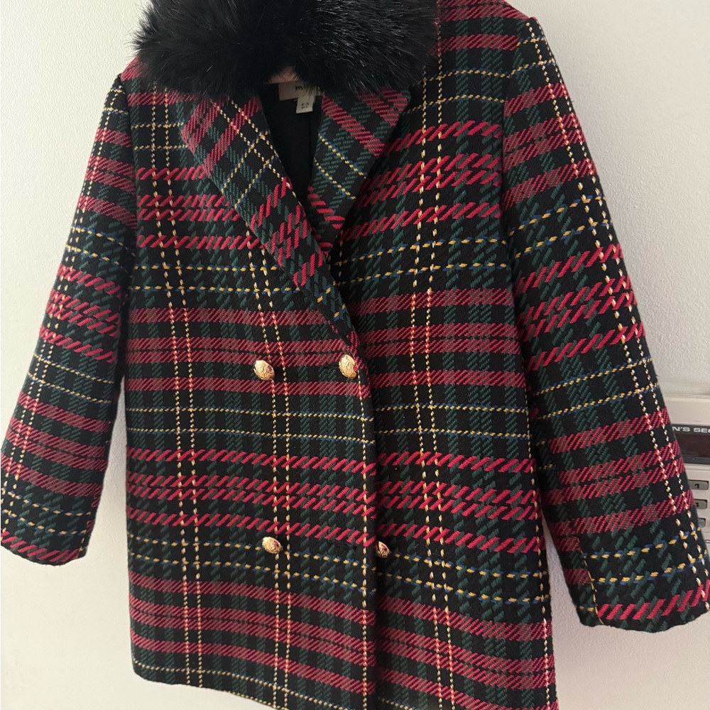 River Island Holiday Black and Pink Plaid Pea Coat with Faux Fur Collar